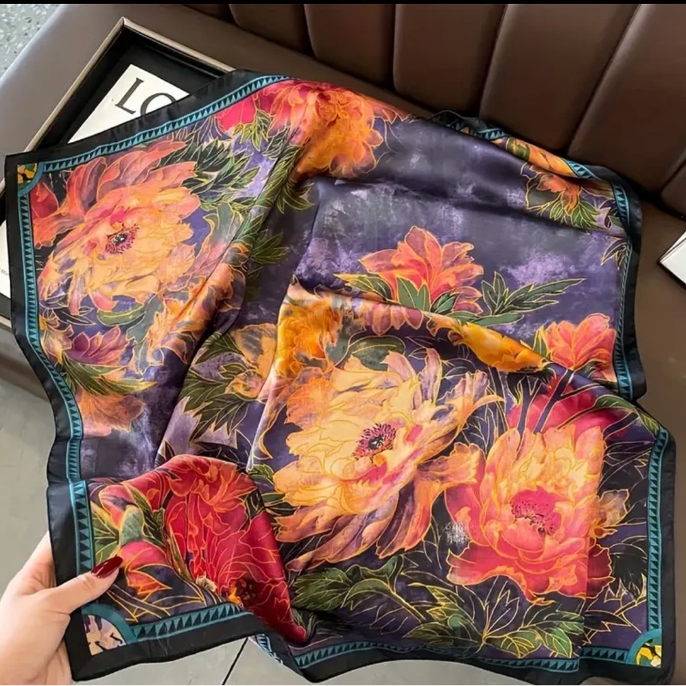 Multicolor Floral 27.5” Square Scarf (Orange-Red-Purple-Turquoise-Yellow-Black)